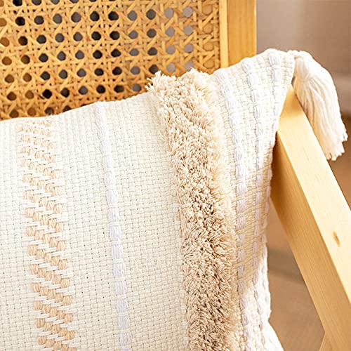Boho Cotton Handwoven Throw Pillow Covers Tufted Decorative Cushion Covers for Bedroom Living Room Sofa Farmhouse Square Fringed Throw Pillow Case (Cream, 18"x18") - size: 18" x 18" (Pack of 1)