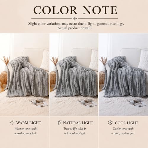 Battilo Cozy Light Grey Throw Blanket 50" x 60" | Hand Knitted Chunky Knit Throw Blanket, Soft Jumbo Chenille for Couch Sofa Bed - color: Light Grey