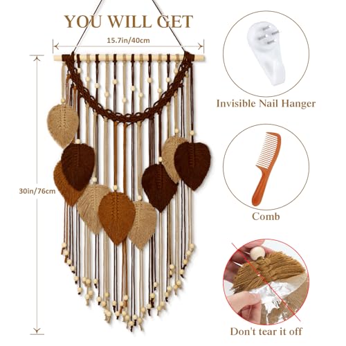 Weldomcor Macrame Wall Hanging Boho Leaf Woven Tapestry, Bohemian Chic Home Decor Modern Handmade Leaves Feather Wall Art Decorations for Bedroom Living Room Apartment Ornament 16.5"W X 31.5"L (Khaki Brown) - color: Khaki Brown