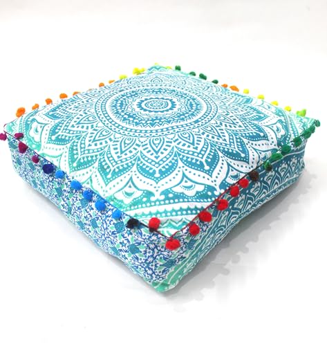 INDIAN CRAFT CASTLE Mandala Mandala Barmeri Large Floor Pillow Cover Cushion Meditation Seating Ottoman Throw Cover Hippie Decorative Zipped Bohemian Pouf Ottoman Cases (Green, 16" Square) - color: Green, size: 16"D x 16"W x 5"H