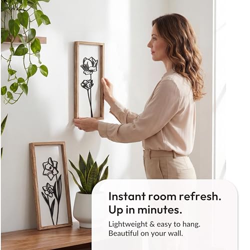 3D Black and White Wall Art (Set of 2) Lightweight, Wooden Ready-to-Hang Framed Floral Wall Art for Bathroom, Bedroom, Living Room or Office – Boho Botanical Farmhouse Decor – Gift-Boxed - color: White, size: 7" x 16"