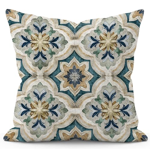 YOU FOUND ME Boho Throw Pillow Covers 18x18 Inch, Vintage Bohemian Carpet Print Pillowcase, Soft Decorative Cushion Cover for Couch Sofa Bedroom Living Room Decor (Blue) - color: Blue