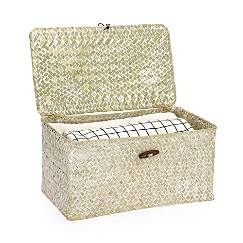 Hipiwe Seagrass Storage Basket Bins with Lid, Handwoven Wicker Shelf Baskets Bin Rectangular Household Basket Organizer Boxes for Shelf Closet Bedroom Home Decor, Whitewash Medium - color: Whitewash, size: Medium