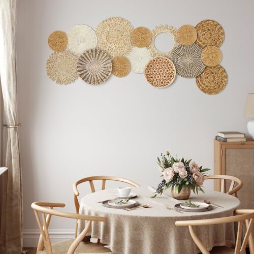 Xuhal 15 Pcs Boho Wall Basket Decor Handcrafted Seagrass Woven Wall Basket Rustic Round Woven Hanging Art for Home Farmhouse Kitchen Table Living Room(Fresh Style) - style: Fresh Style