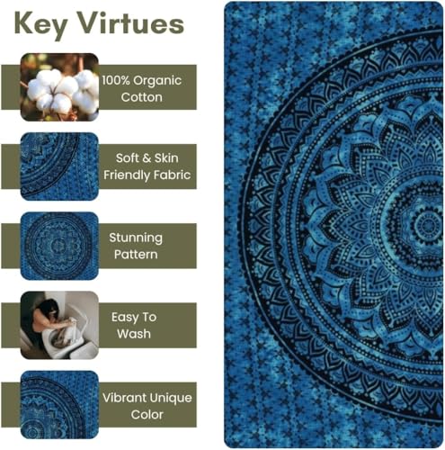 FURNISHFUL FINESSE Hand Block Printed Cotton Mandala Wall Tapestry - Blue Ombre Boho Wall Decor, Bohemian Hippie Room Hanging for Bedroom, Dorm & Living Room Aesthetic - 54X84, Blue - color: Blue, size: 84"L x 54"W