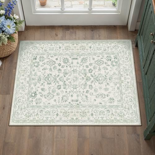 PureCozy 2x3 Green Entryway Area Rug Machine Washable Door Mat Kitchen Vintage Distressed Non Slip Carpet Indoor Retro Floral Accent Throw Small Rug for Bathroom Office Bedroom Living Dining Room - color: Green, size: 2' x 3' (Rectangular)