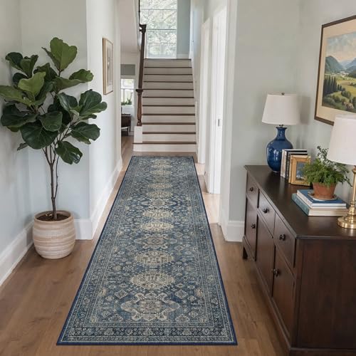 Bavni Washable Runner Rug 2’6”x8’, Non Slip Vintage Hallway Runner, Ultra Thin Low Pile Washable Carpet for Kitchen Entryway Bedroom, Blue - color: Blue, size: 2'6" x 8' (Rectangular)