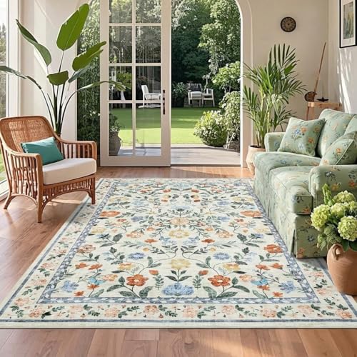 GarveeHome Floral Washable Rug 4x6, Non-Slip Low Pile Botanical Carpet, Vintage Farmhouse Area Rug for Bedroom Nursery Kids Room Home Decor, Green - color: Green, size: 4' x 6' (Rectangular)