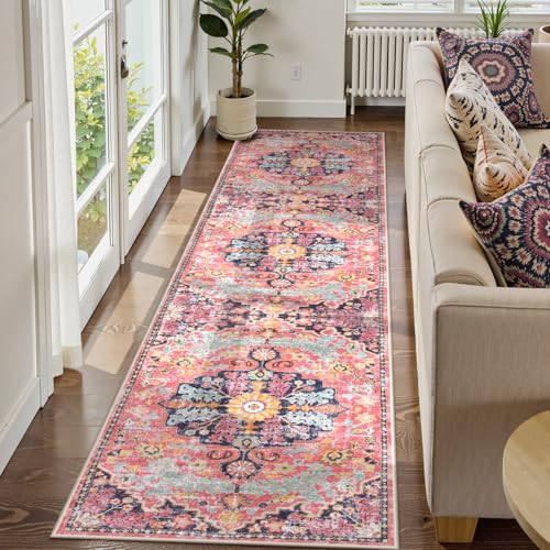 Lahome Reine Boho 2'8"x10' Washable Hallway Kitchen Runner Rugs with Rubber Backing, Bohemian Non-Slip Soft Kitchen Runners, Non-Shedding Stair Carpet Runner for Hall Bathroom, Fuchsia/Multi - color: Fuchsia/Multi, size: 2'8" x 10' (Runner)