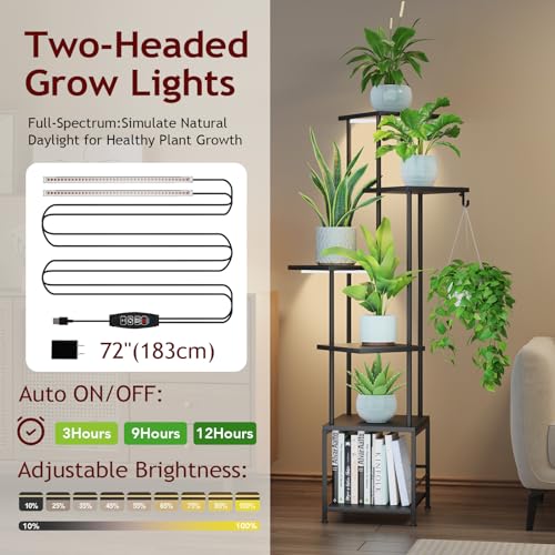 Homsorout Plant Stand Indoor with Grow Light - 6-Tier Metal Plant Shelf with Hanging Basket Hook, Corner Tall Flower Holder for Multiple Plants, Living Room Balcony Garden Patio, Black - color: Black, size: 6-Tier