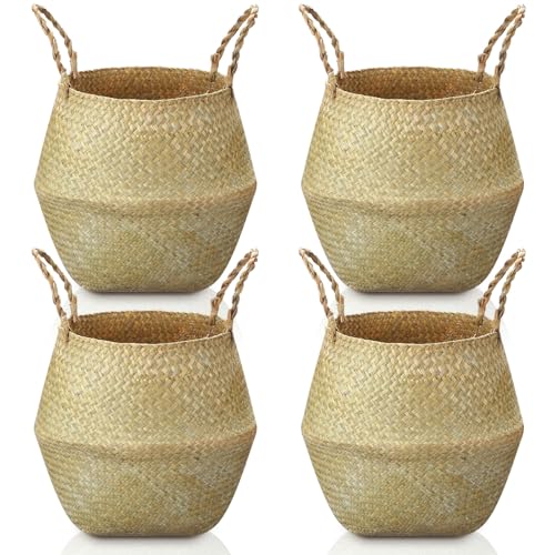 Qunclay 4 Pcs Woven Seagrass Baskets Belly Basket Folding Boho Natural Plant Pot with Handles Round Decorative Wicker Large Indoor Planter for Home Outdoor Tree Planters Decor (XL,12''dx13.8''h) - size: XL,12''Dx13.8''H