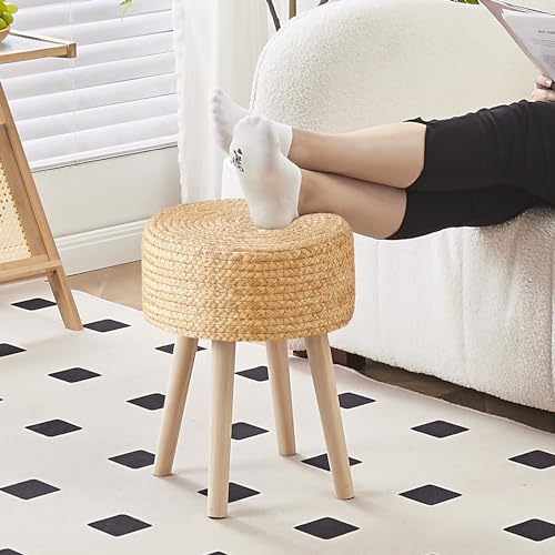 Cpintltr Round Ottoman Footstool Foot Stool Pouf Ottomans with Solid Wood Legs Hand Weave Hyacinth Footrest Step Stool for Living Room Balcony Garden Natural Hyacinth Seagrass - color: Hyacinth Seagrass