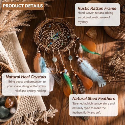 Rattan Dream Catchers with Peacock Feather, Boho Wall Decor Rustic Wooden Native American Wall Art for Bedroom Living Room (Green Blue Mix) - color: Green Blue Mix