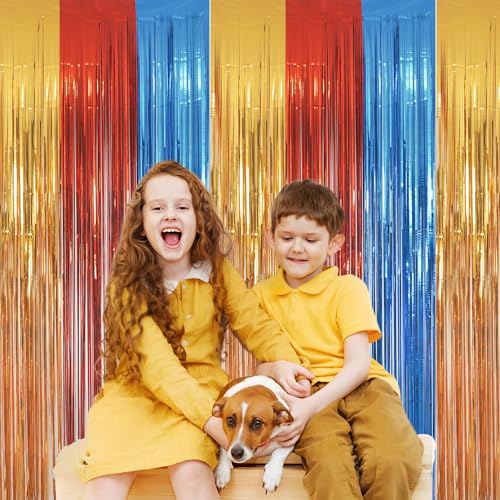 Gold Red Blue Party Backdrop - GREATRIL Tinsel Fringe Curtain for Paw Birthdays Decorations 2 Packs - color: Gold Red Blue