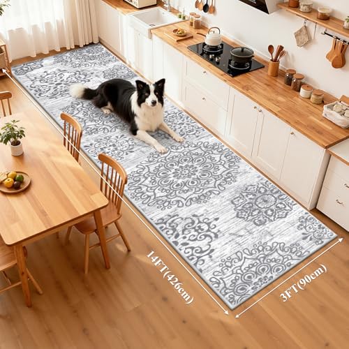 HEBE Hallway Runner Rug 3'x14' Washable Vintage Distressed Area Rugs Non Slip Laundry Rug Runner Boho Floor Carpet Runners for Hallways Entryway Laundry Room Kitchen Bathroom - color: Grey, size: 3' x 14' (Rectangular)
