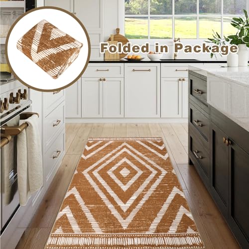 Moroccan Washable Area Rugs 3x5ft Non Slip, Low Pile Entryway Rug, Brown Boho Bedroom Carpets, Non Shedding Soft Floor Carpet for Dining Room Bathroom Kitchen Study Office - color: Brown, size: 3' x 5' (Rectangular)