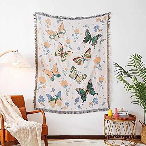 LumiSyne Double-Sided Cotton Woven Throw Blanket with Tassel Jungle Bohemian Style Tapestry Shawl Multi-Function Decorative Throws for Sofa Bed Armchair Camping Blanket Tablecloth Carpet 160x130cm - color: Butterfly Meets Flower