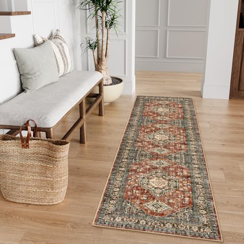 Lahome Oriental Kitchen Runner Rug Non Slip, 2x5 Washable Hallway Runner with Rubber Backing, Vintage Hallway Rug Ultra-Thin Soft Carpet for Bedroom Bathroom Eleanor, Brick Red - color: Brick Red, size: 2' x 5' (Runner)