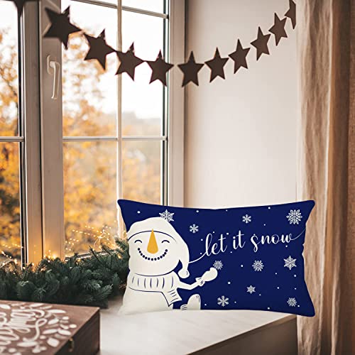 Winter Snowman Throw Waist Pillow Cases Blue White Snowflake Outdoor Let It Snow Holiday Christmas Farmhouse Decorations Pillow Covers 12x20 Inch Cotton Linen Couch Cushion Cover - color: Blue Snowman Let It Snow