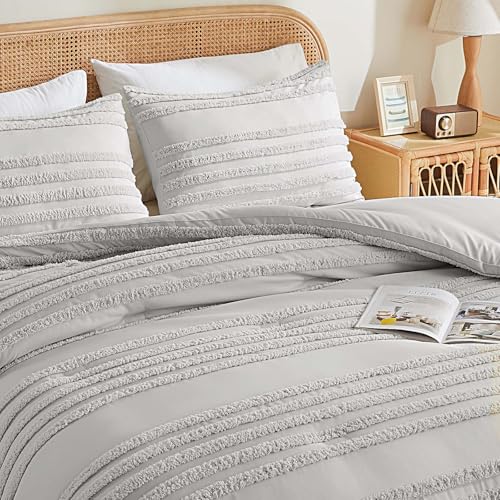 BEDELITE Boho Twin/Twin XL Comforter Set，Light Grey Tufted Striped Bed Set 2 Pieces, Soft Vintage Farmhouse Comforter for College, Boho Home Dorm Decor, Fluffy Jacquard Bedding with 1 Pillow Sham - color: Light Grey, size: Twin/Twin XL