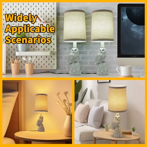 Vintage White/Wood Grain Owl Table Lamp - Resin Sculpture Base & Linen Shade | 16.5in Height Decorative Lamp for Bedroom/Study | Rocker Switch (BW-1) - color: BW-1