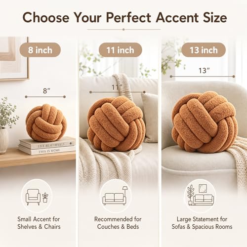 Petrella Caramel Knot Ball Pillow, Handmade Soft Lambswool Round Throw Pillow for Sofa, Bed and Cozy Living Room Decor, Medium Knotted Accent Cushion, 11 Inch - color: Caramel, size: 11inch