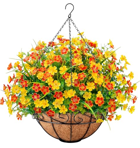 Ouddy Decor Artificial Hanging Flowers with Basket, Faux Silk Flowers in Coconut Lining Basket, Spring Summer Outdoor Decor Fake Hanging Plants for Garden Patio Yard Porch Lawn, Orange - color: Orange