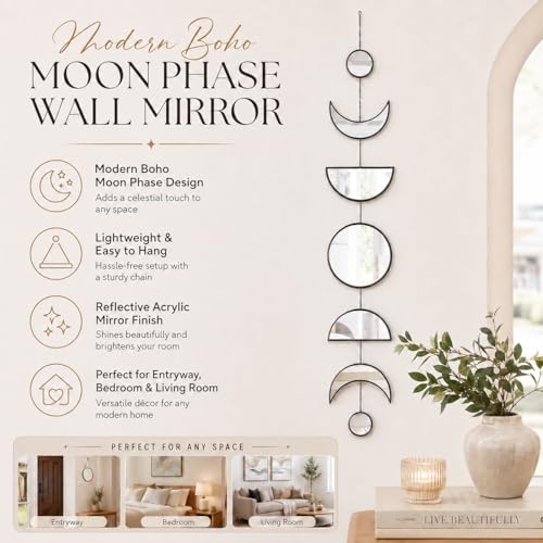 7 Pcs Moon Phase Wall Decor, Acrylic Mirror with Wooden Backboard, Boho Hanging Moon Cycle Wall Art for Bedroom Living Room Home Decor - color: Black（style 2）