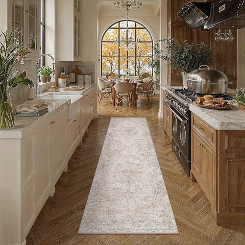 HUGEAR Hallway Runner Rugs 2x8 Washable Rug Beige Vintage Rug Carpet Low Pile Non Slip No Shedding Soft Durable Indoor Bedroom Kitchen Home Decor Floor Mat - color: Beige, size: 2' x 8' (Runner)