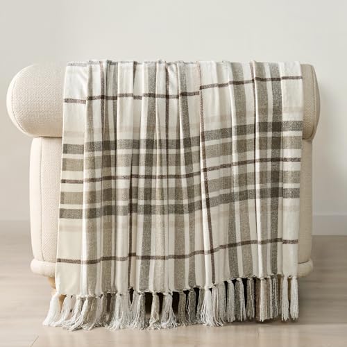 EverGrace Plaid Chenille Throw Blanket for Couch, Super Soft Cozy Decorative Farmhouse Plaid Throw with Tassels, Lightweight Chenille Knit Throw for Bed Sofa Gift Home Decor, Beige 50”x60” - color: Plaid Beige & White, size: 50"x60"