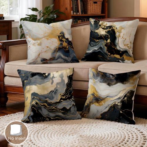 OBSEDE Black Gold Marble Throw Pillow Covers 18x18 Set of 4, Farmhouse Decor for Home Couch Sofa Living Room, Rustic Floral Decorative Cushion Cases - color: Black Gold Marble
