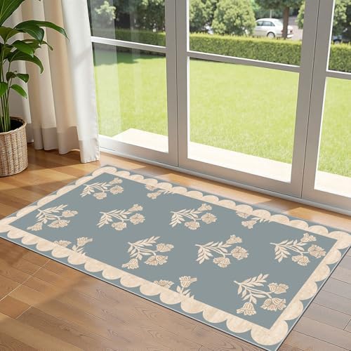 Front Door Mat Indoor Entrance - 2x4.3 Ft Floral Washable Layered Doormat Outdoor Entrance Porch Rug Non-Slip Blue Retro Farmhouse Runner Rug for Kitchen Bedroom Laundry Room Porch Decor - color: Flower - Haze Blue, size: 2' x 4'3" (Rectangular)