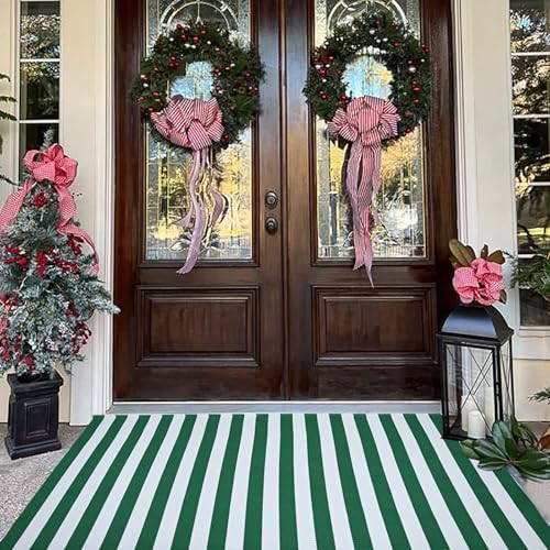 Green & White Striped Rug, 3' x 5' Indoor/Outdoor Area Rug for Front Porch, Entryway, Machine Washable Cotton Woven Welcome Door Mat - color: Green & White Stripe, size: 3' x 5' (Rectangular)