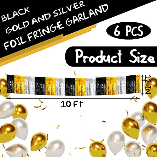 6 Pack 10 Feet Black Gold Silver Foil Fringe Garland Metallic Tinsel Streamers Banner Wall Hanging Backdrop Banner for Parade Floats, Thanksgiving, Christmas, Birthday, Halloween Party Decorations - color: 6 Pack Black Gold Silver