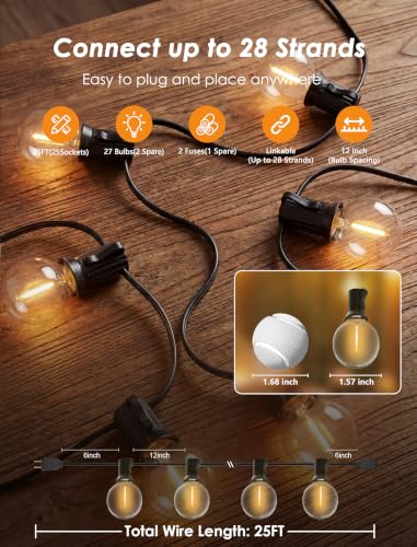25FT G40 LED Globe Outdoor String Lights with 25 Plastic Shatterproof Bulbs | 2700K Warm White, IP65 Waterproof Hanging Connectable Globe Lights for Patio, Backyard, Bistro, Porch, Black Wire - color: Warm White-Black, size: 25FT