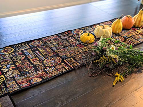 DaDa Bedding Bohemian Tapestry Table Runner - Greek Ethnic Ornaments Geometric Calligraphy Dark Black Textile - Multi-Colorful Cotton Linen Woven Kitchen Dining Mats - 13" x 54" - size: 13" x 54"