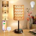 Rattan Table Lamps for Living Room, 3 Way Dimmable Touch Lamps, Small Bedside Lamps with LED Bulbs, Phone Stand, USB Ports and AC Outlet, Boho Nightstand Lamp for Kids Room, Bedroom, Office (1 Pack) - size: 1 Pack Rattan