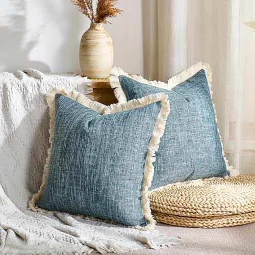 Faux Linen Decorative Pillow Coves 18x18 Set of 2 Blue Boho Farmhouse Throw Pillowcases with Tassels Fringed Rustic Woven Textured Burlap Cushion Covers for Couch Sofa Bed Living Home Decor - color: Blue, size: 18" x 18" (Pack of 2)