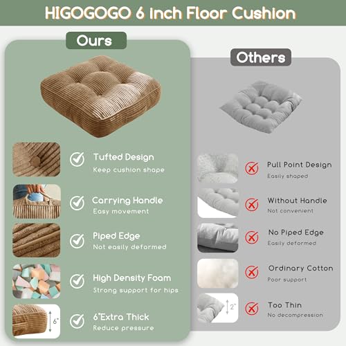 HIGOGOGO 6" Extra Thick Floor Pillow Cushion for Adults, Meditation Cushion Pillow, Large Square Floor Sitting, Tufted Corduroy Cover, for Tatami Living Room or Yoga, 22x22 Inch, Coffee - color: Square Coffee, size: 6" Thick(Pack of 1)
