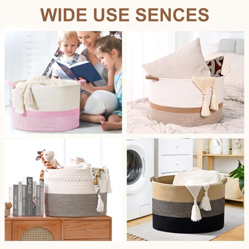 67L Large Blanket Basket, 20"x13" Woven Storage Baskets With Handle, Cotton Rope Blanket Basket Living Room, Baby Laundry hamper for Blanket, Nursery, Toy, Pillow (White) - color: White, size: 67L