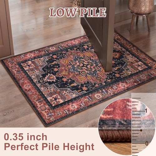 Tangsoo 2x3 Washable Rug for Entryway, Vintage Non Slip Small Area Rug, Indoor Front Door Rug, Print Door Mat Small Carpet, Soft Low Pile Rugs for Entrance Kitchen Bedroom Home Decor - color: Rust Red/Multi, size: 2' X 3' (Rectangular)