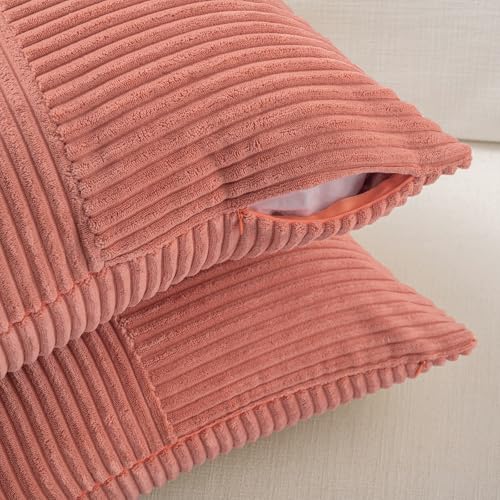 Fancy Homi 2 Packs Coral Samll Decorative Throw Pillow Covers 12x12 Inch with for Couch Bed Sofa, Rustic Farmhouse Boho Home Decor, Soft Corss Patchwork Corduroy Square Peach Cushion Case 30x30 cm - color: Coral, size: 12" x 12" (Pack of 2)