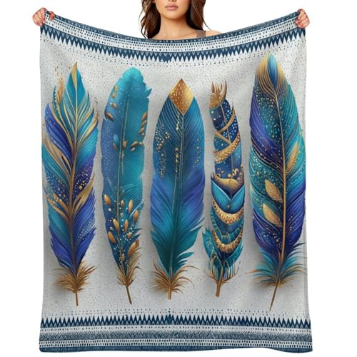 Blanket Boho Feather Gold Ornament Throw Blanket for Women Men, 60"x80" Blue Geometric Pattern Border Plush Flannel Throws, Decor for Bed Couch Bedroom - color: Boho Feather Gold Ornament, size: 60"x80"