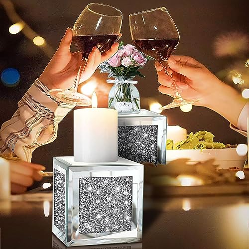 ZOLAPI Set of 2 Crystal Crush Diamond Candle Sconces, Gorgeous Silver Mirrored Wall Sconce, Candle Holder Glass Wall Decorations for Home Décor, Living Room, Dining Room. Floating Shelves - color: Silver Mirror Ｆ