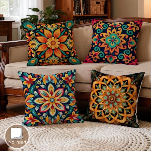 OBSEDE Boho Mandala Throw Pillow Covers 18x18 Set of 4, Farmhouse Decor for Home Couch Sofa Living Room, Rustic Floral Decorative Cushion Cases - color: Boho Mandala