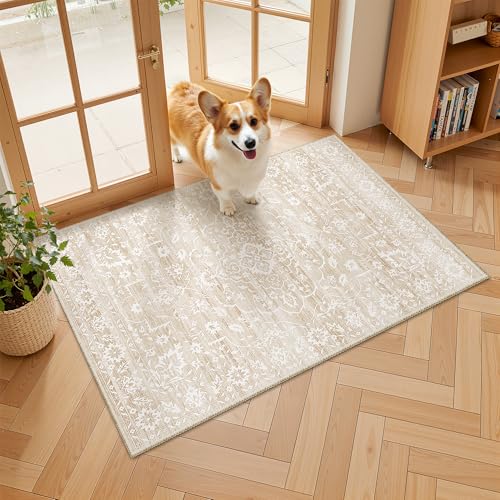Soalmost 2x3 Area Rugs for Entryway,Washable Vintage Low Pile Non-Slip Throw Area Rugs, Accent Rug Floral Print Indoor Mat for Bedside Living Room Kitchen Bedroom (Beige,2'x3') - color: Beige, size: 2' x 3' (Rectangular)