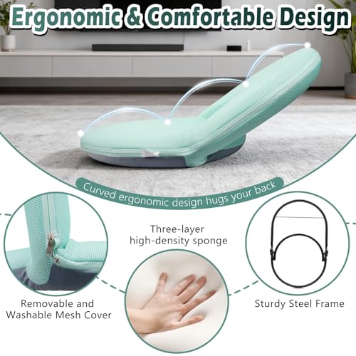 Floor Chair Floor Cushion Folding Padded Gaming Chair Adjustable 5-Position Floor Seat with Back Support for Kids Adult Great for Gaming Reading Meditating - color: Green