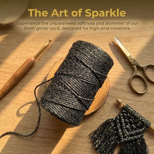 3mm Sparkle Polyester Macramé Cord - 150g/66yds Metallic Glitter Braided Cord for Crocheting Bags, Baskets, Macramé Plant Hangers & DIY Crafts, Machine Washable (17#Black Gold) - color: 17#black Gold