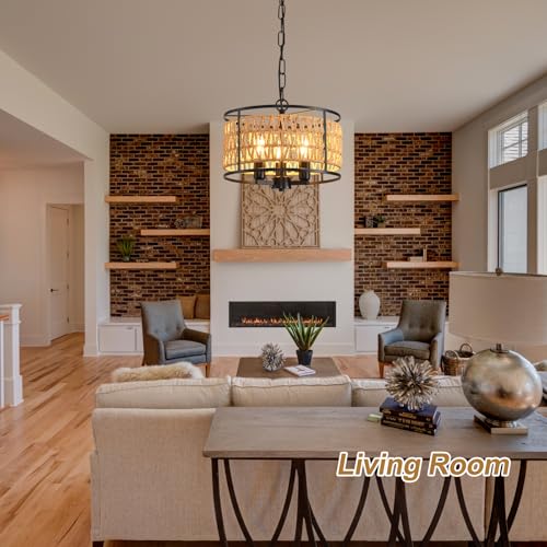 lobolighting Boho Rattan Chandelier, 11.8" 3-Lights Farmhouse Pendant Light with Hand Woven Drum Shade, Modern Black Chandelier for Dining Room Living Room Kitchen Island Bedroom