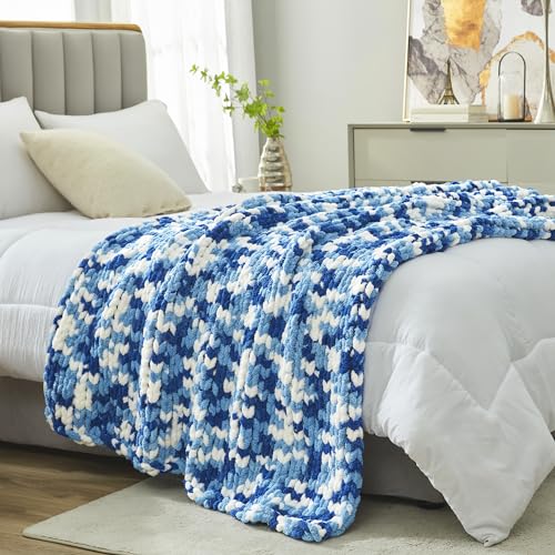 Amélie Home Chunky Knit Throw Blanket for Couch, Soft Chenille Handmade Crochet Throw Rope Knot Blanket for Couch, 50"x60", Space-Dyed Blue - color: Blue&white, size: 50"x60"